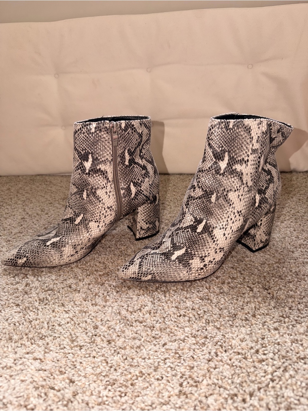 Marc Fisher Snake-Print Pointed Toe Ankle Boots in White and Black